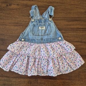 OshKosh B'gosh Girls Blue Denim & Floral Summer Overall Dress Size 18-24M